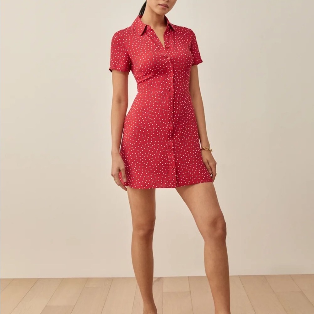 Reformation Red Polka Dot Shirt Dress